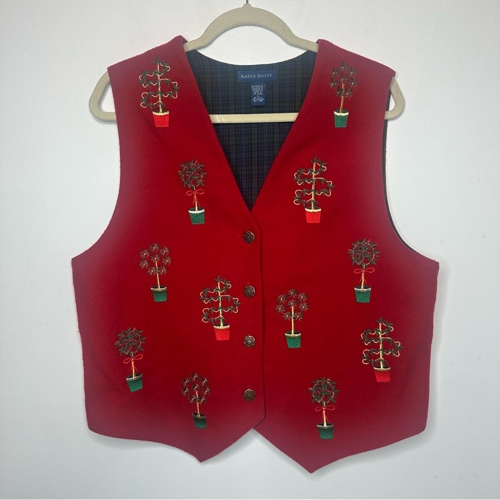 Vintage Karen Scott Red Christmas Beaded Embroidered Topiary Lined Vest Sz L